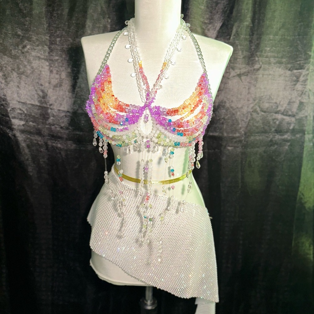 Rainbow Crystal Beaded Halter Top Festival Rave Burning Man Crop